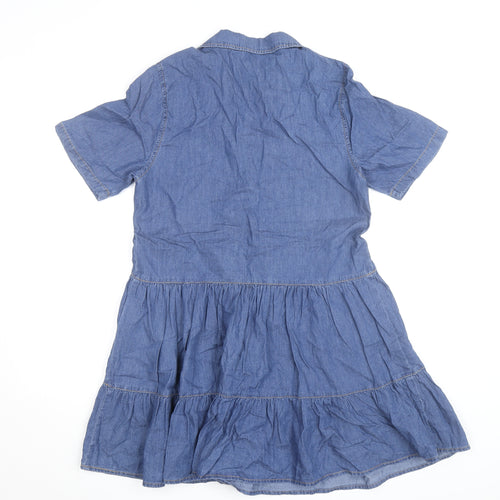 Stradivarius Women Blue Short Sleeve Denim Shirt Dress Size 8