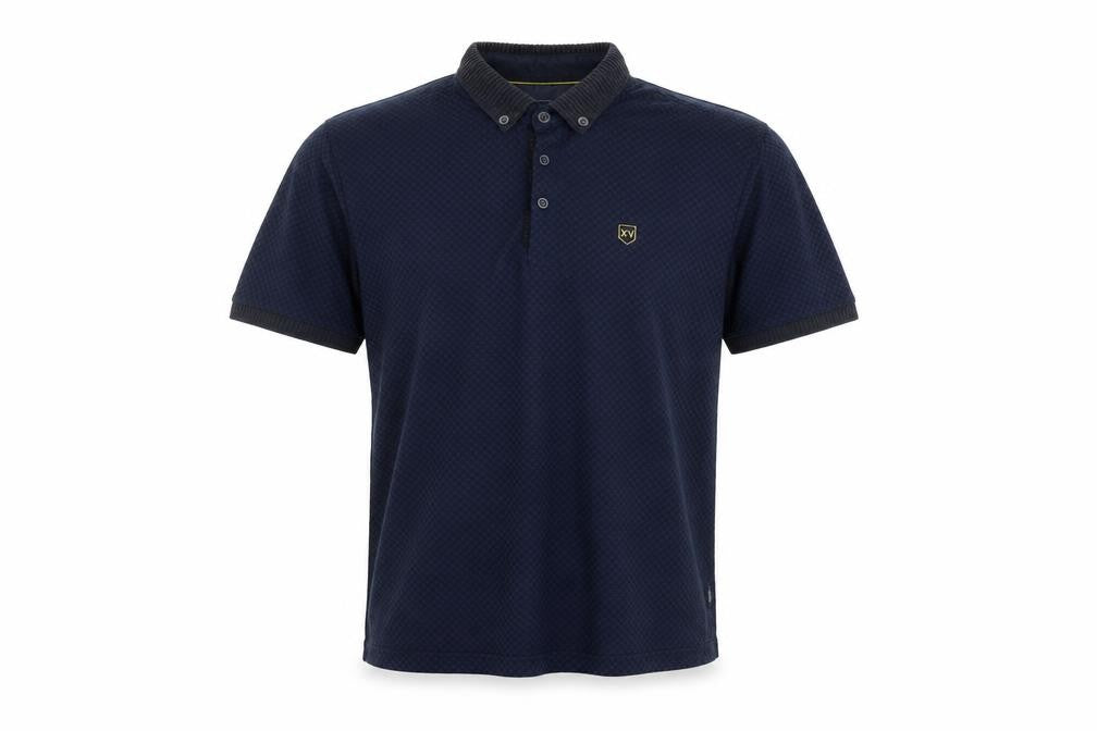 Front view of XV Kings Men's Blue Check Polo Shirt, size L, Button Collar