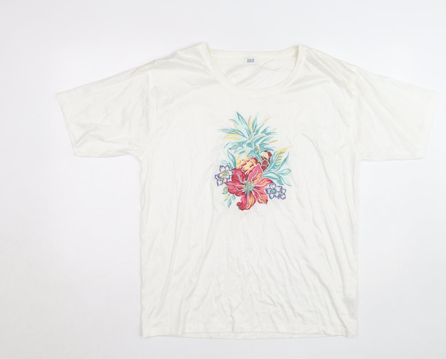 Lucia Women's White Floral Embroidered Cotton T-Shirt Size M