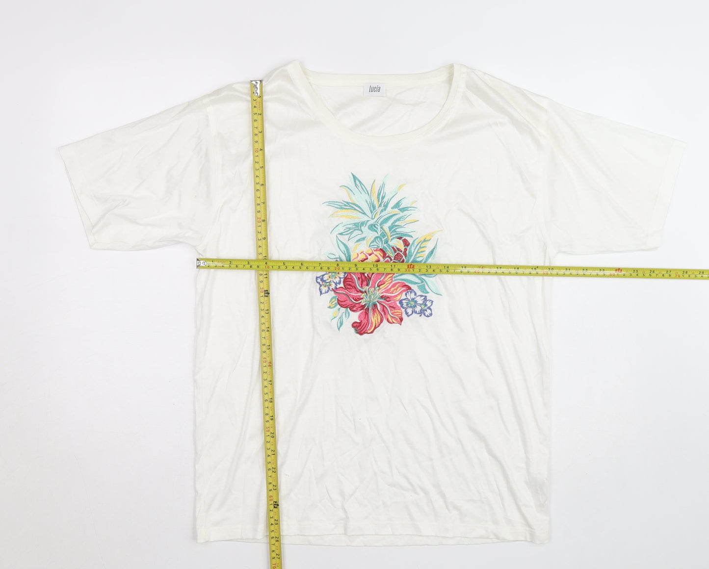 Lucia Women's White Floral Embroidered Cotton T-Shirt Size M