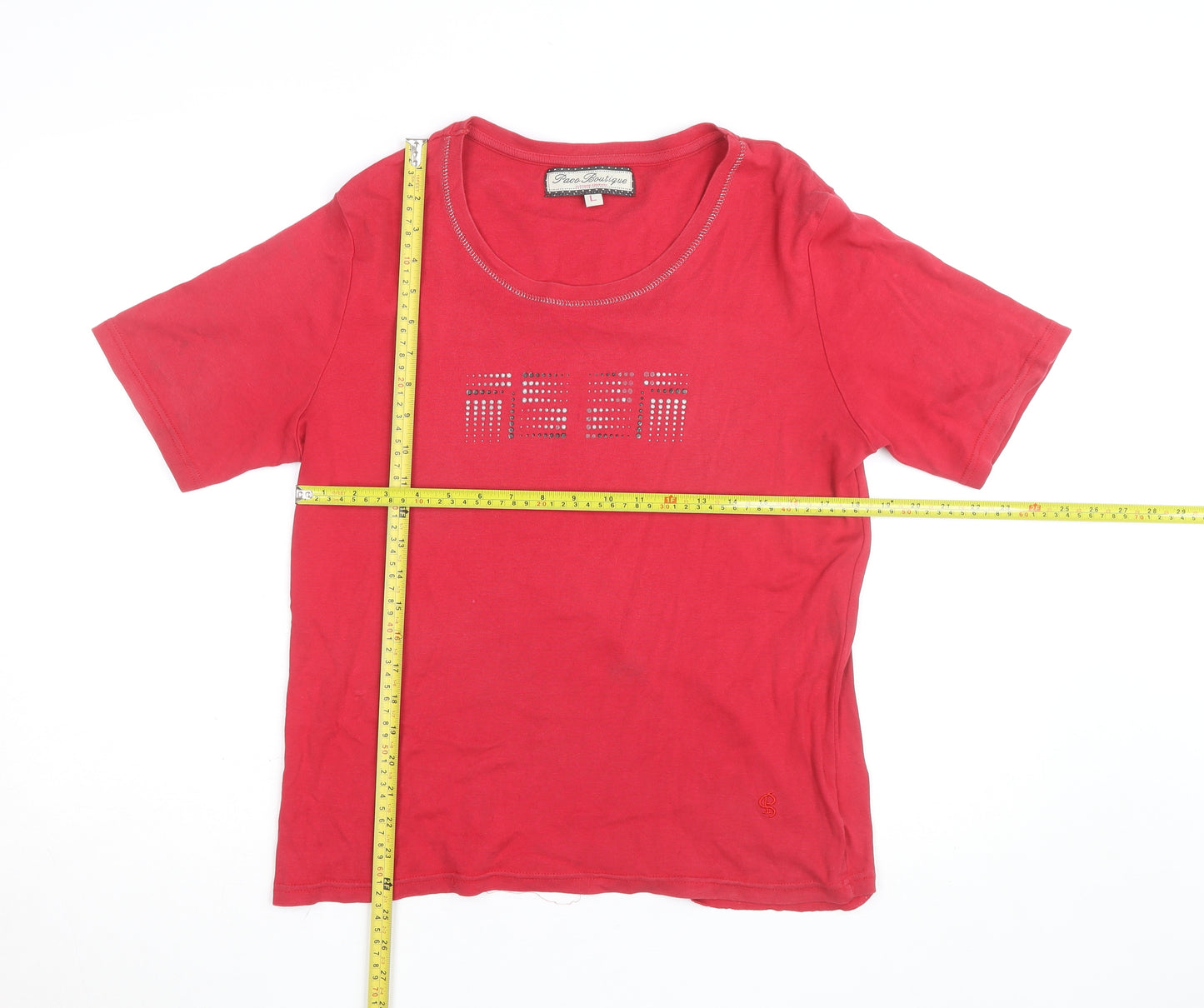 Paco Boutique Womens Red Rhinestone T-Shirt Size L Cotton Short Sleeve