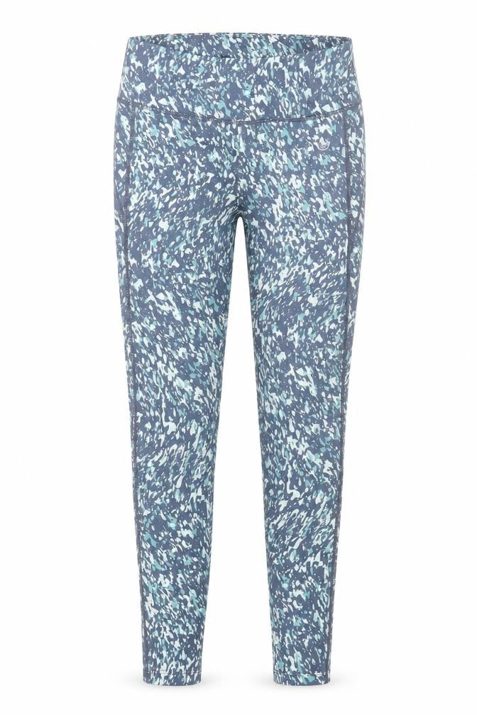 Front view of Dunnes women’s blue patterned ankle leggings, size UK 10