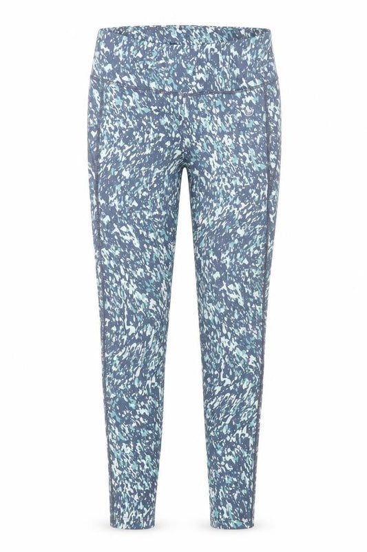 Front view of Dunnes women’s blue patterned ankle leggings, size UK 10