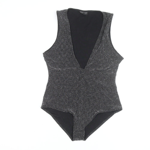 Topshop Women Black Metallic V-Neck Sleeveless Bodysuit Size 14