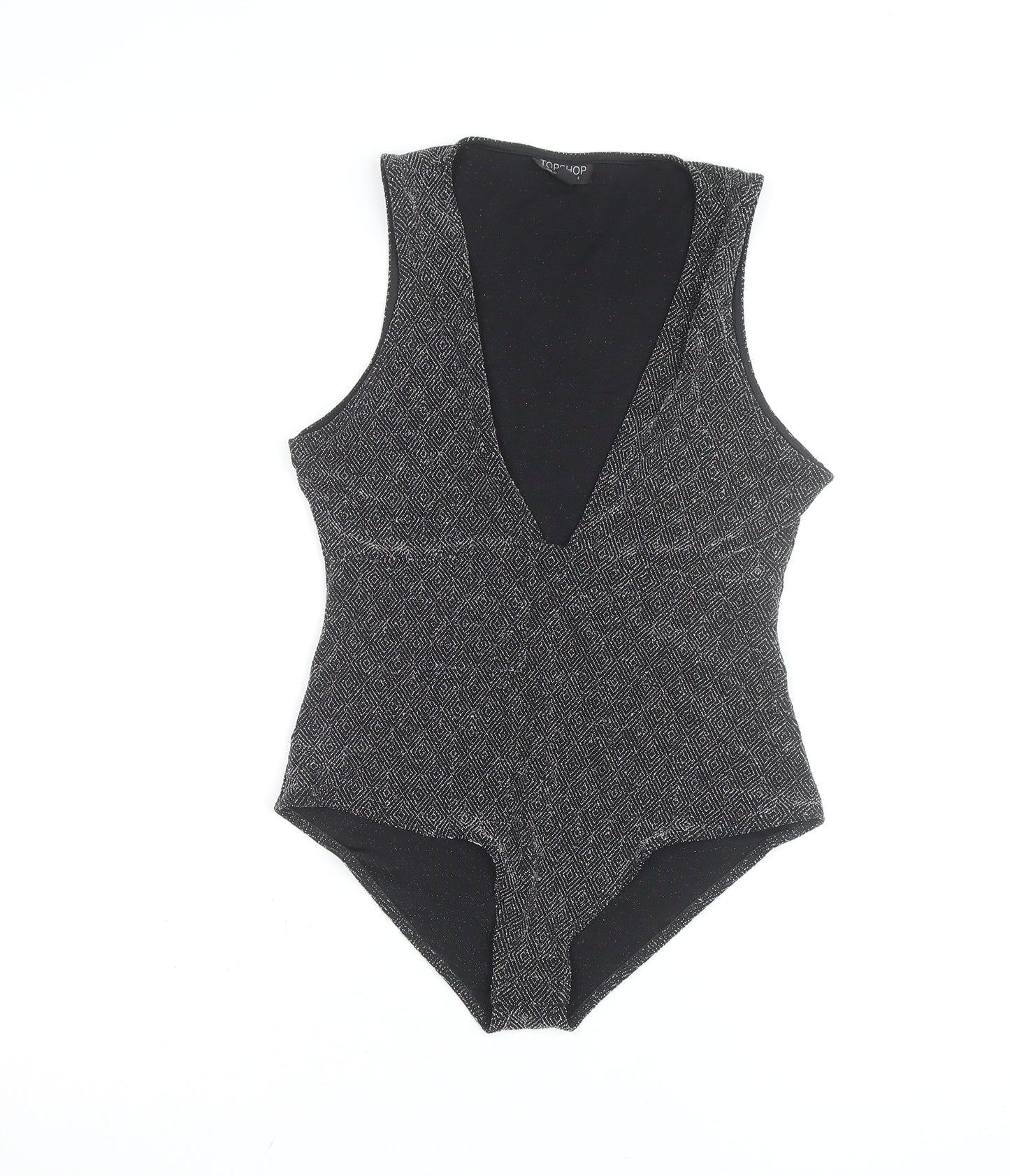 Topshop Women Black Metallic V-Neck Sleeveless Bodysuit Size 14