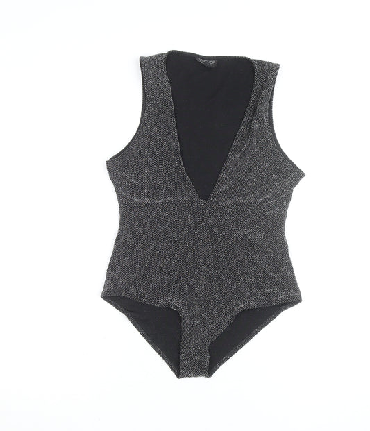 Topshop Women Black Metallic V-Neck Sleeveless Bodysuit Size 14