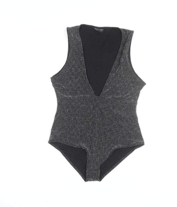 Topshop Women Black Metallic V-Neck Sleeveless Bodysuit Size 14