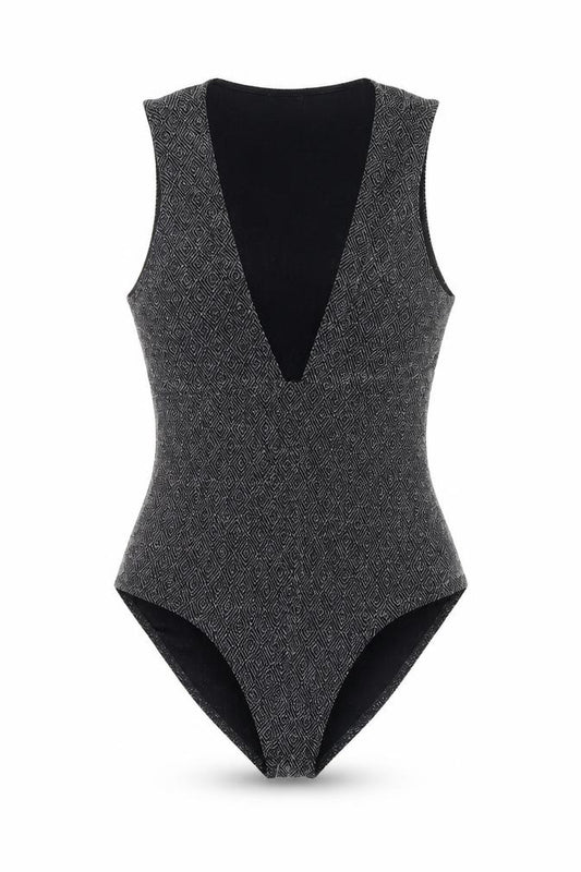 Topshop Women Black Metallic V-Neck Sleeveless Bodysuit Size 14
