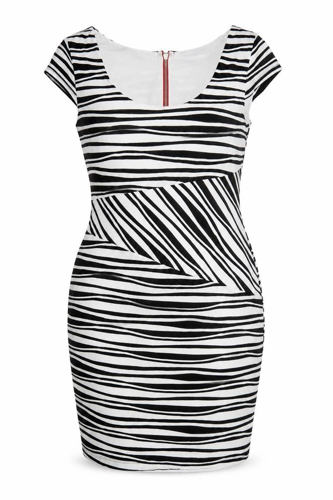 Front view of Frank Lyman Women's Black & White Striped Bodycon Dress, size 16