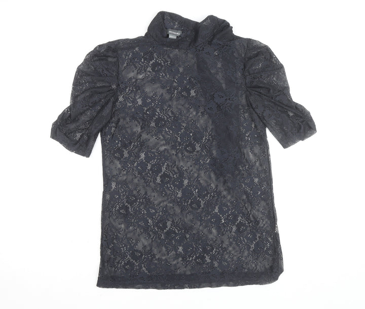Bershka Women's Black Lace High Neck Short Sleeve Blouse M