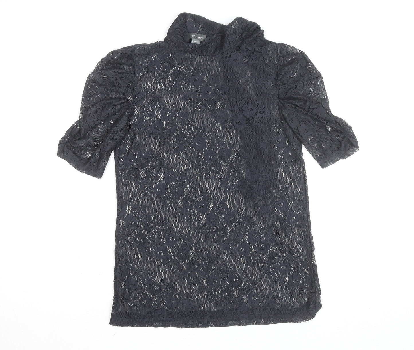 Bershka Women's Black Lace High Neck Short Sleeve Blouse M