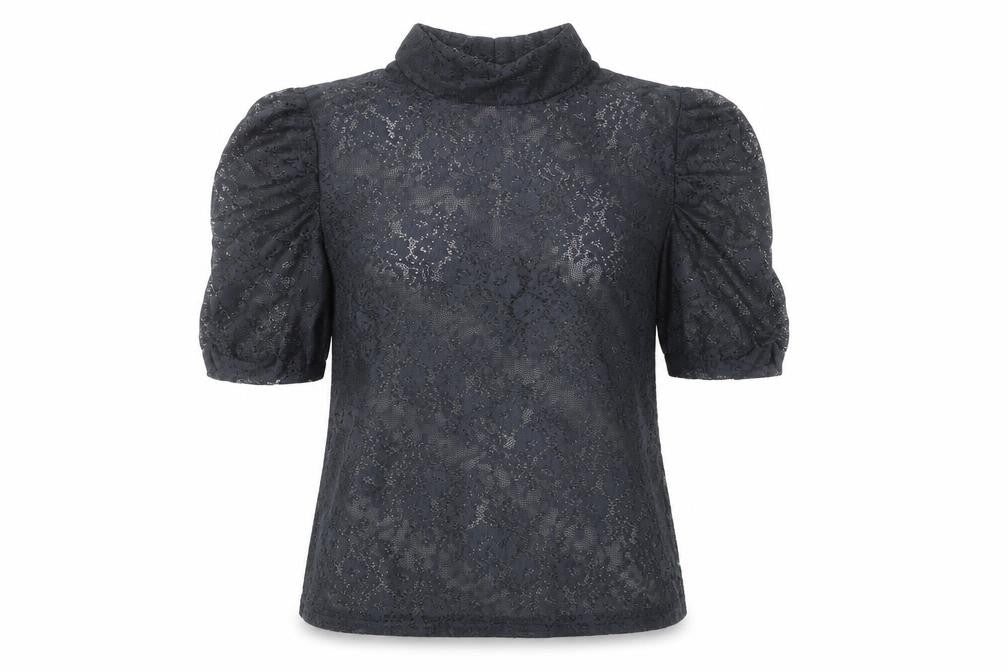 Bershka Women's Black Lace High Neck Short Sleeve Blouse M