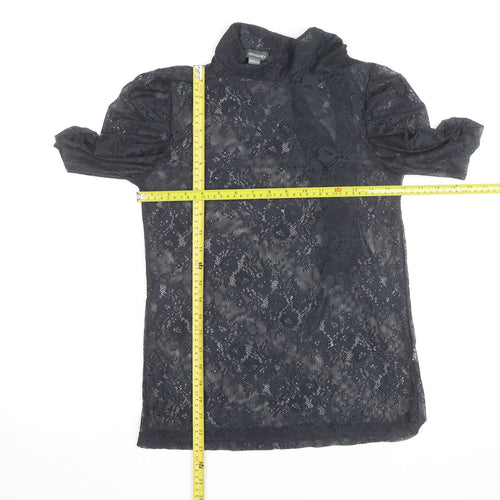 Bershka Women's Black Lace High Neck Short Sleeve Blouse M