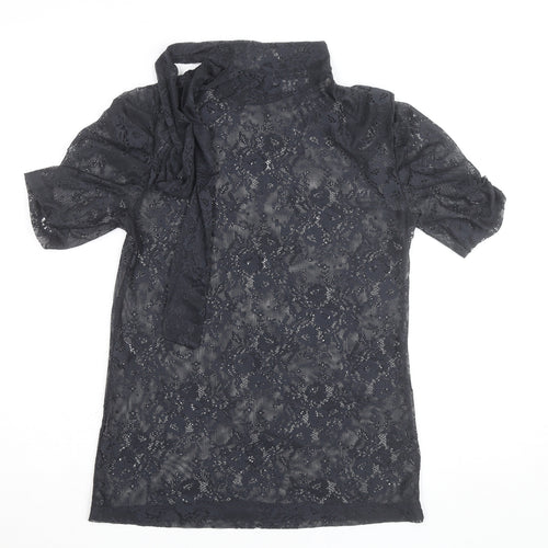 Bershka Women's Black Lace High Neck Short Sleeve Blouse M