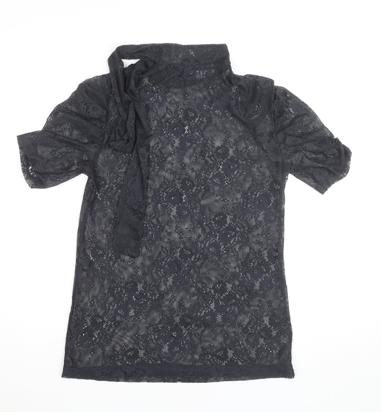 Bershka Women's Black Lace High Neck Short Sleeve Blouse M