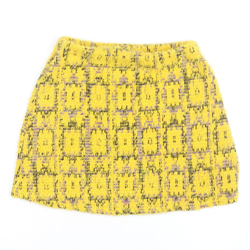 Zara Women Yellow Tweed Check Short Skirt Size S
