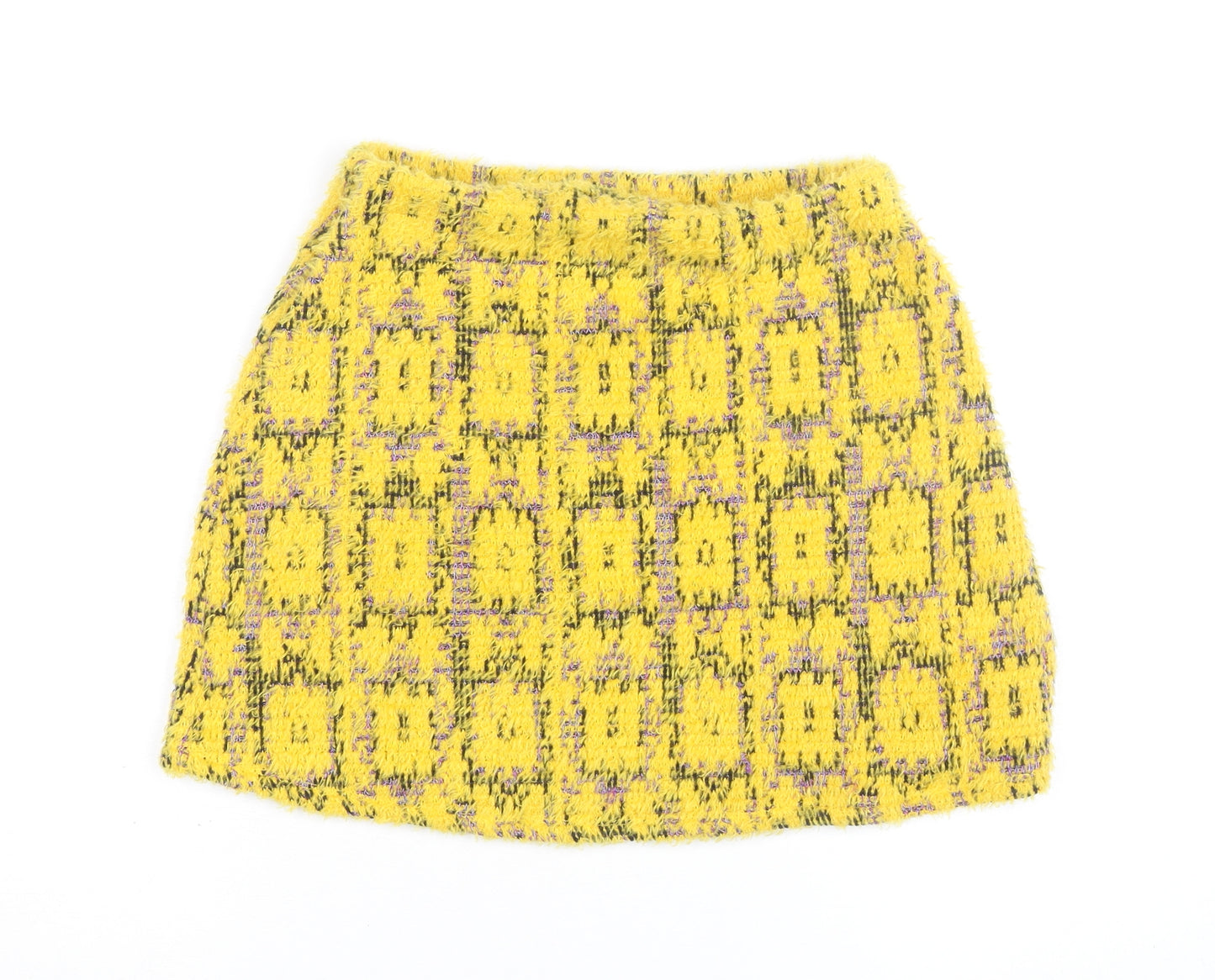 Zara Women Yellow Tweed Check Short Skirt Size S