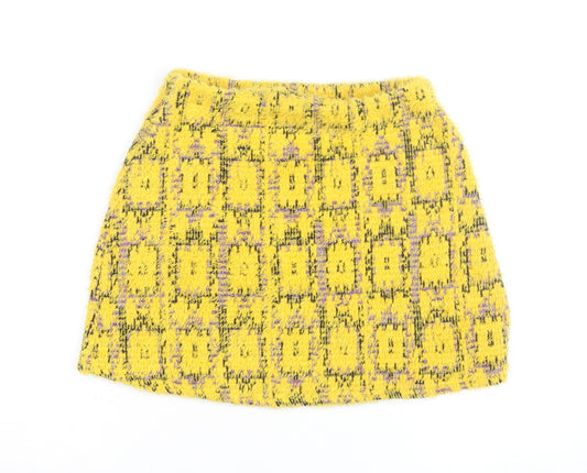 Zara Women Yellow Tweed Check Short Skirt Size S