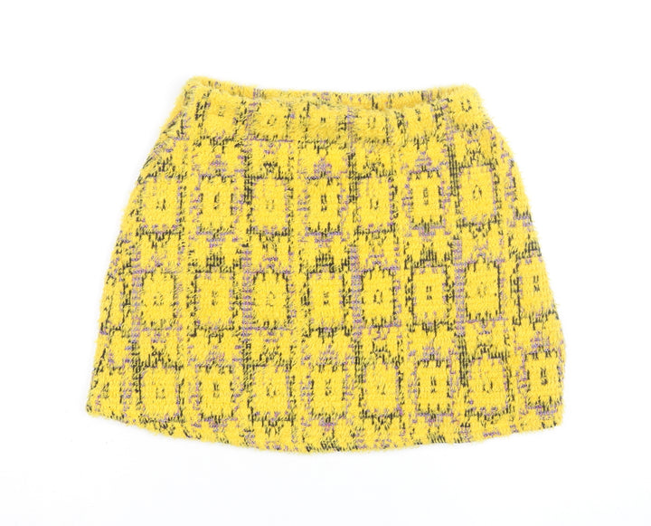 Zara Women Yellow Tweed Check Short Skirt Size S