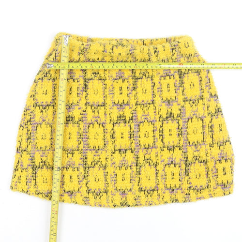 Zara Women Yellow Tweed Check Short Skirt Size S