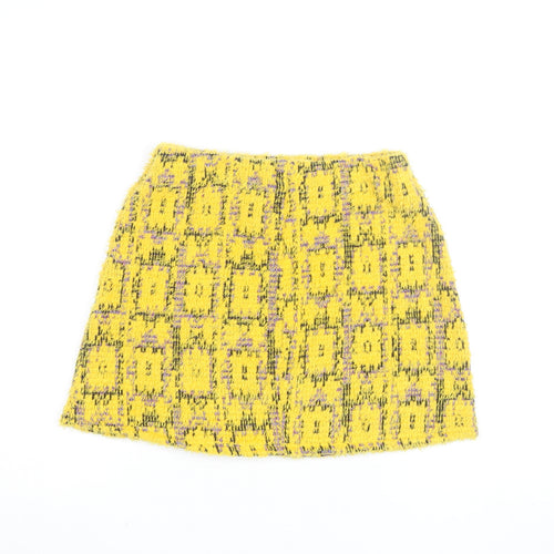 Zara Women Yellow Tweed Check Short Skirt Size S