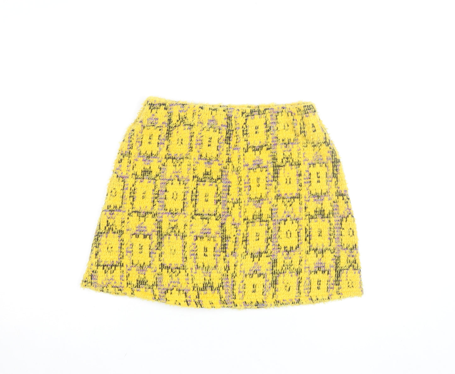 Zara Women Yellow Tweed Check Short Skirt Size S