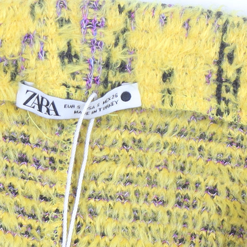 Zara Women Yellow Tweed Check Short Skirt Size S