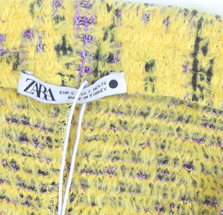 Zara Women Yellow Tweed Check Short Skirt Size S