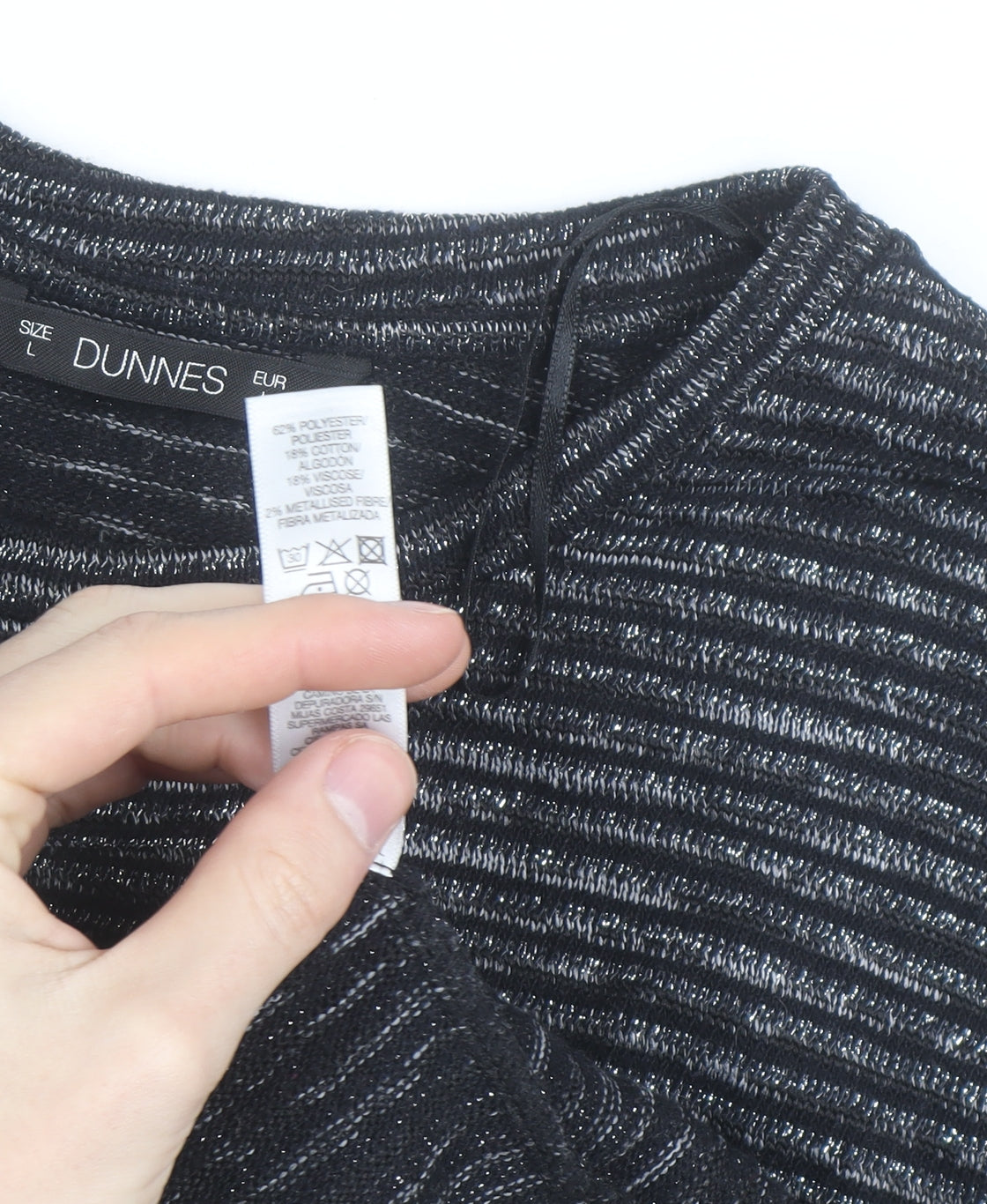 Dunnes Women Black Striped Glitter 3/4 Sleeve Knit Top L