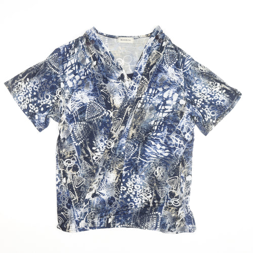 Bassini Women's Blue Geometric Wrap Blouse L Short Sleeve
