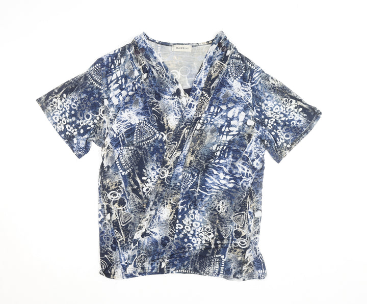 Bassini Women's Blue Geometric Wrap Blouse L Short Sleeve