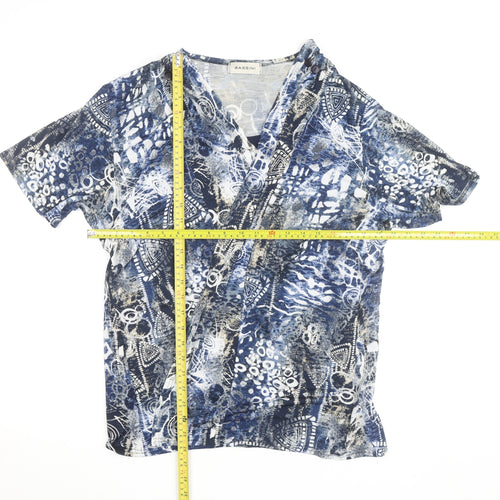 Bassini Women's Blue Geometric Wrap Blouse L Short Sleeve