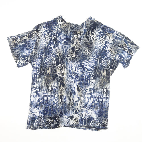 Bassini Women's Blue Geometric Wrap Blouse L Short Sleeve