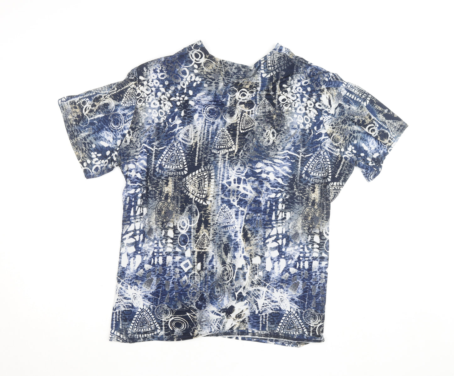 Bassini Women's Blue Geometric Wrap Blouse L Short Sleeve