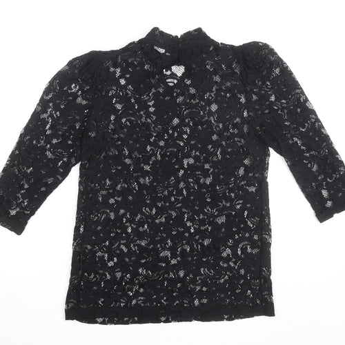 Vila Clothes Women's Black Lace High Neck 3/4 Sleeve Blouse Size 10