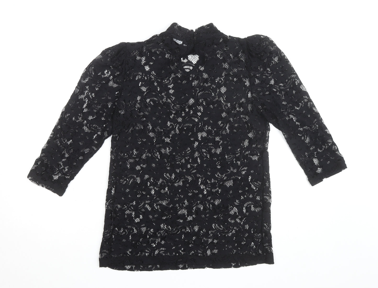 Vila Clothes Women's Black Lace High Neck 3/4 Sleeve Blouse Size 10