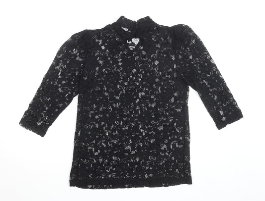 Vila Clothes Women's Black Lace High Neck 3/4 Sleeve Blouse Size 10
