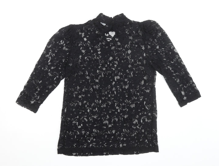 Vila Clothes Women's Black Lace High Neck 3/4 Sleeve Blouse Size 10