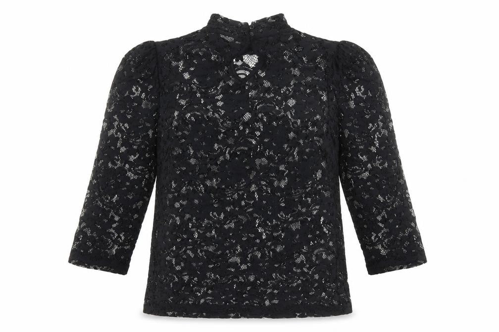 Vila Clothes Women's Black Lace High Neck 3/4 Sleeve Blouse Size 10