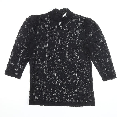 Vila Clothes Women's Black Lace High Neck 3/4 Sleeve Blouse Size 10