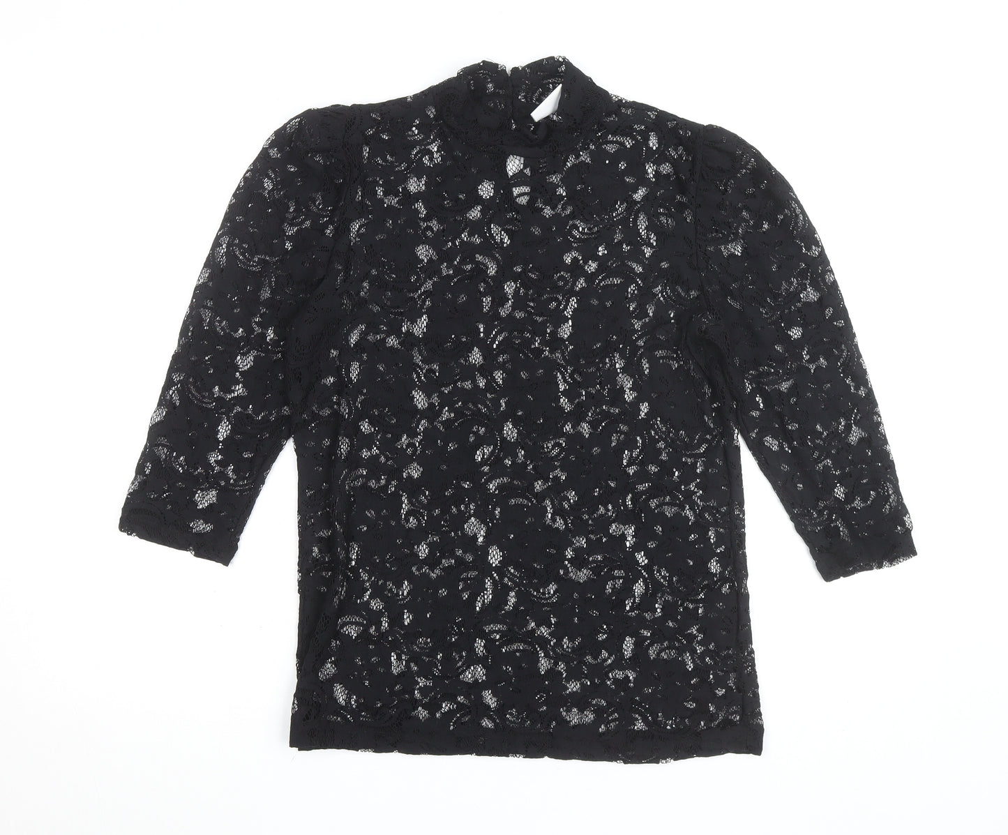 Vila Clothes Women's Black Lace High Neck 3/4 Sleeve Blouse Size 10