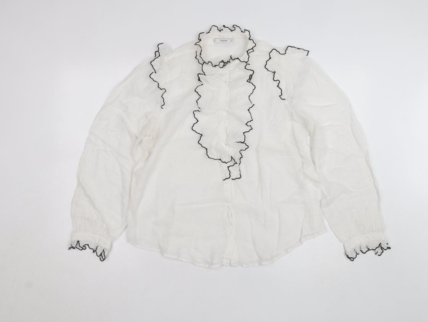 Mango Women's White Ruffle Long Sleeve Blouse Size 12