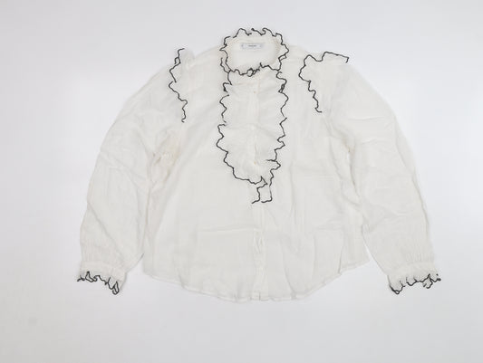 Mango Women's White Ruffle Long Sleeve Blouse Size 12