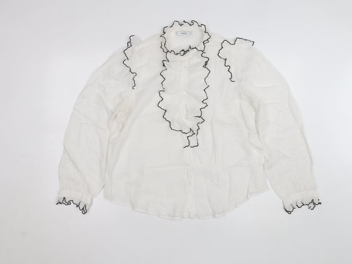 Mango Women's White Ruffle Long Sleeve Blouse Size 12