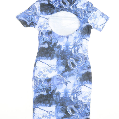 PrettyLittleThing Women's Blue Dragon Print Bodycon Dress Size 8