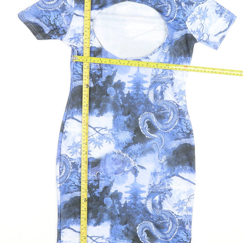 PrettyLittleThing Women's Blue Dragon Print Bodycon Dress Size 8