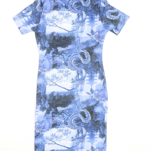 PrettyLittleThing Women's Blue Dragon Print Bodycon Dress Size 8
