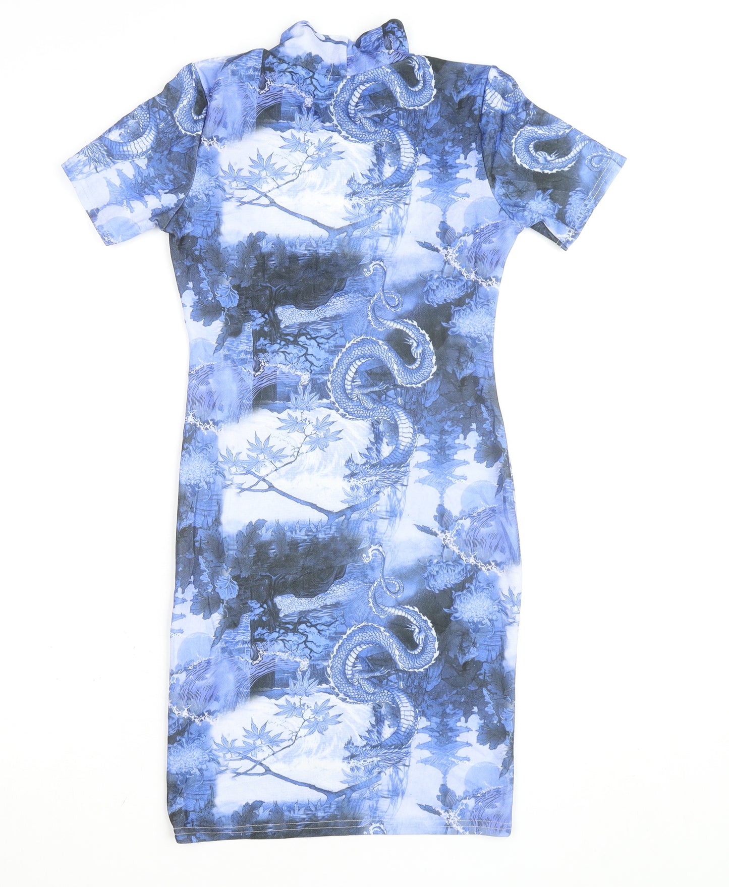 PrettyLittleThing Women's Blue Dragon Print Bodycon Dress Size 8