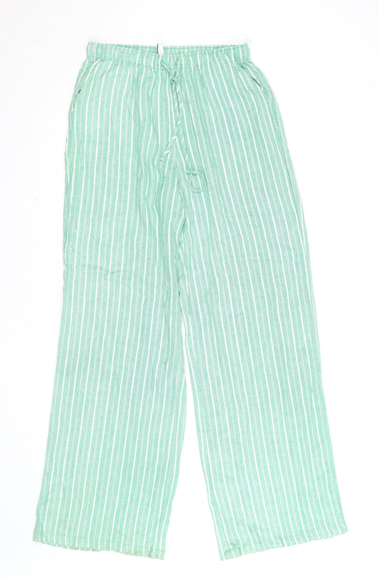 Stradivarius Women Green Striped Wide-Leg Cotton Linen Trousers Size 8