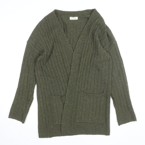 Jolie & Joy Women Olive Green Ribbed Open Cardigan Medium Polyester Blend